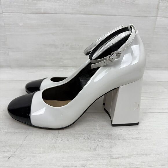 Schutz Size 8.5 B Dorothy High Block Heels Patent Leather Black White W/ FLAW - Picture 3 of 12